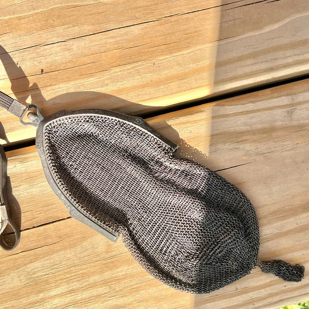 Antique German Silver Mesh Purse 8" x 3" on Strap